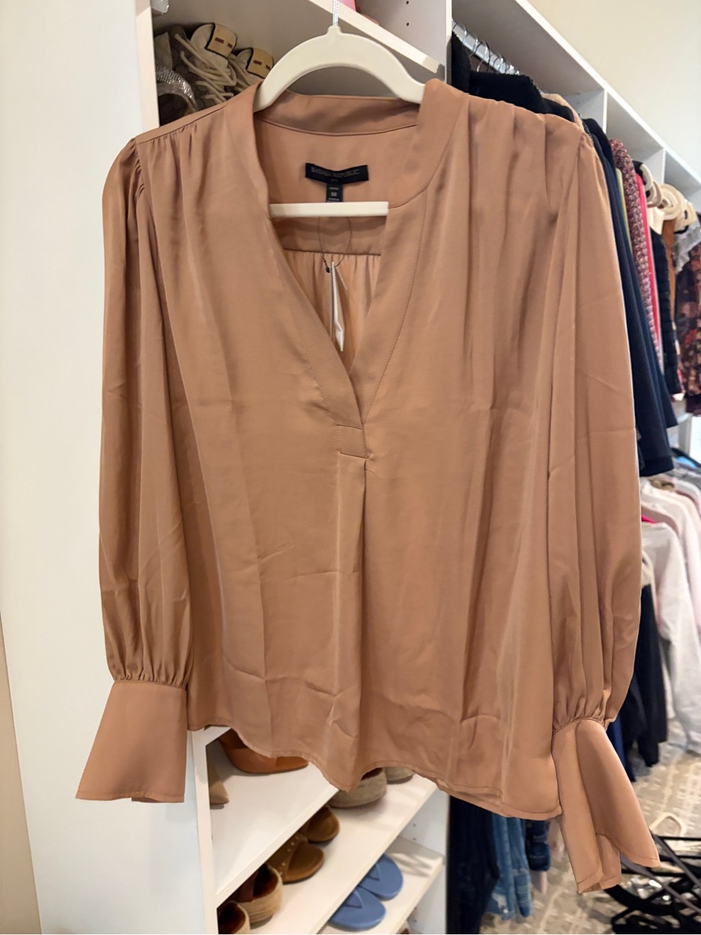 Banana Republic Camel V-Neck Long Sleeve Blouse with Tie Cuffs
